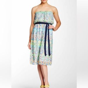Pink Owl Strapless Midi Dress - Blue and Green Pattern